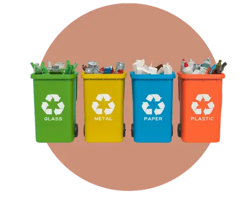About Green Sword Four colorful recycling bins labeled glass, metal, paper, and plastic filled with sorted recyclable materials.