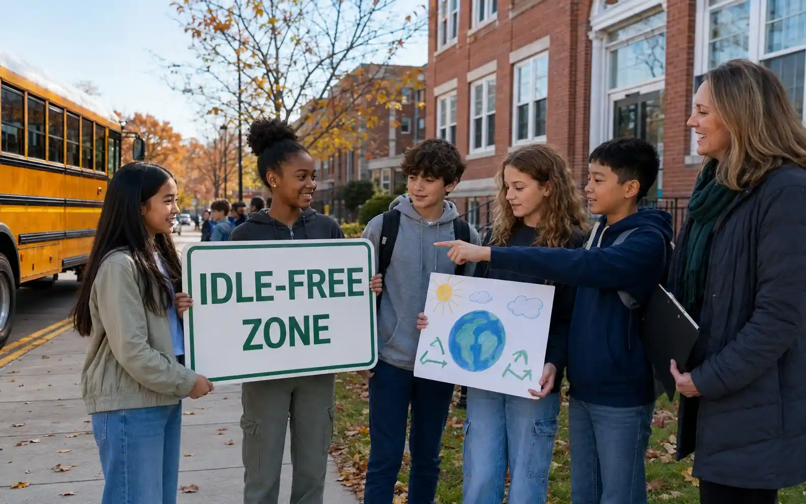 Students promoting an idle-free zone outside a Massachusetts school