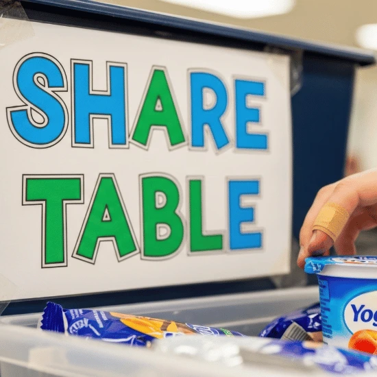 Students participating in a school cafeteria share table program