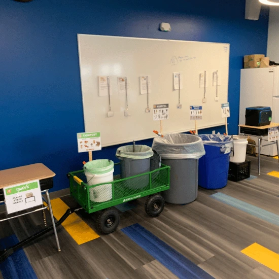 Students sorting materials at a school cafeteria sorting station